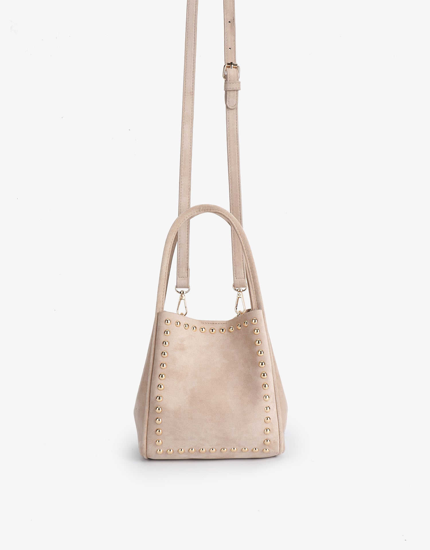 Beige handbag with studded details and adjustable body strap_Remi and Reid