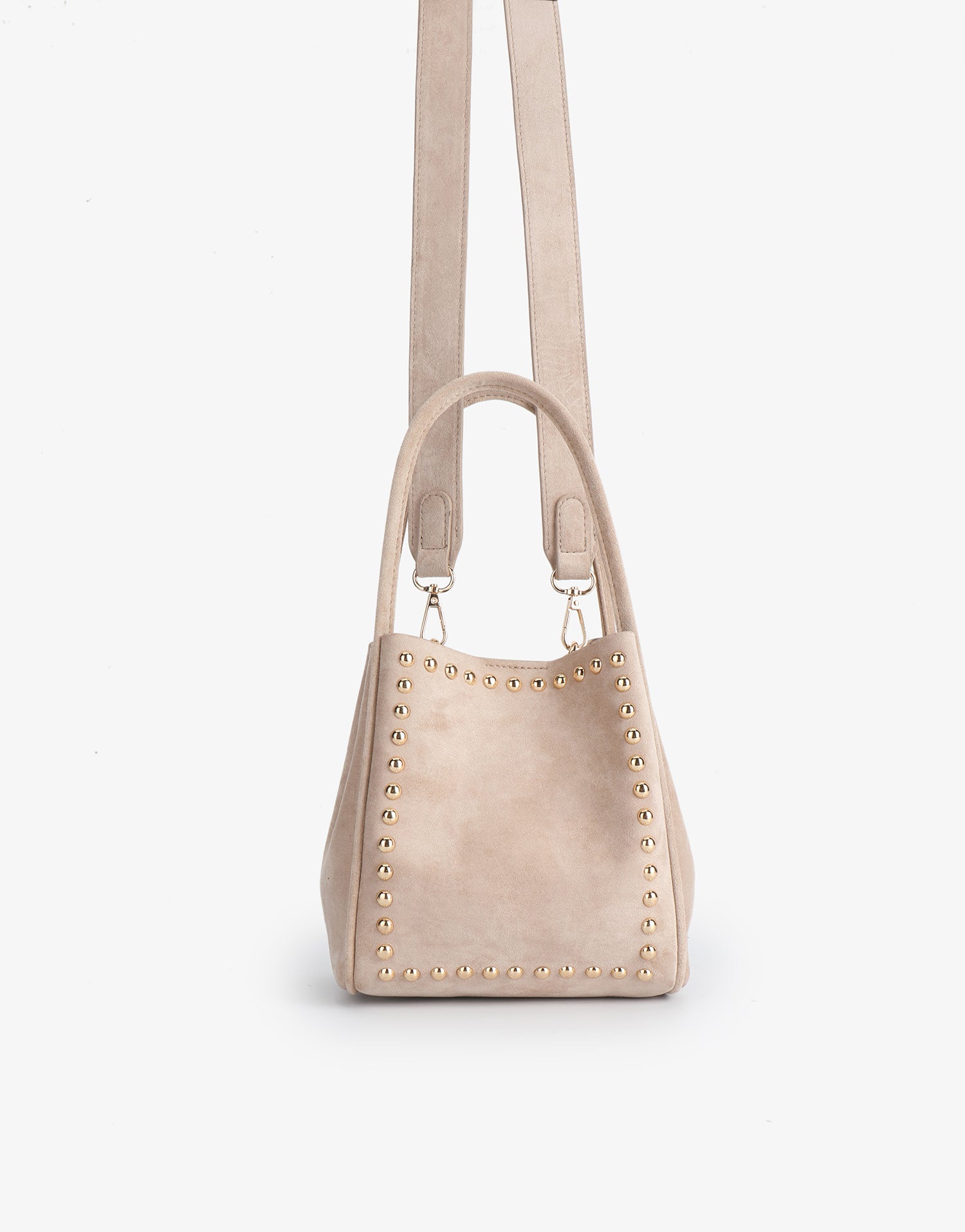 Beige handbag with studded details and shoulder strap_Remi and Reid