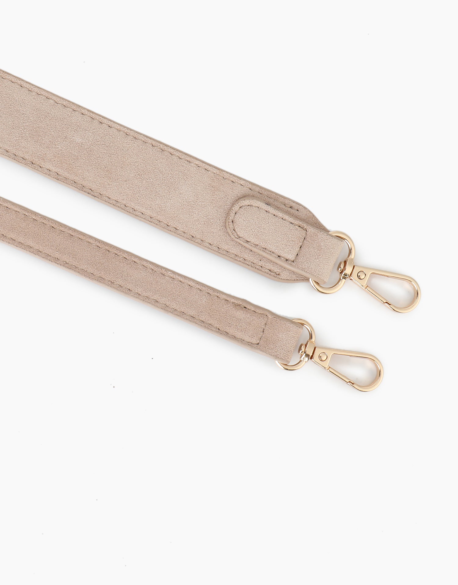 Beige faux suede bag strap with gold hardware_Remi and Reid