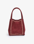Red handbag with gold stud details_Remi and Reid 