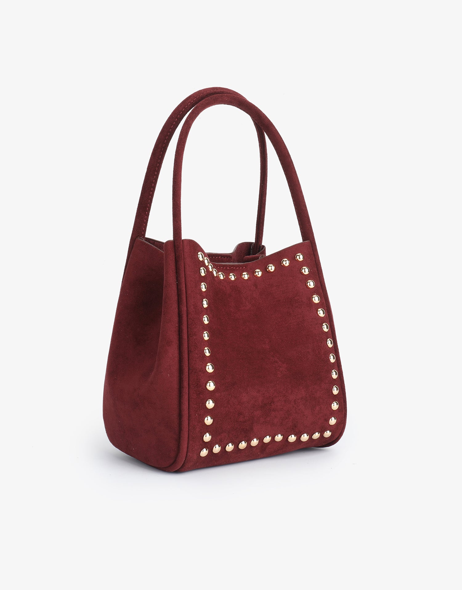 Red mini faux suede handbag with studded design_Remi and Reid