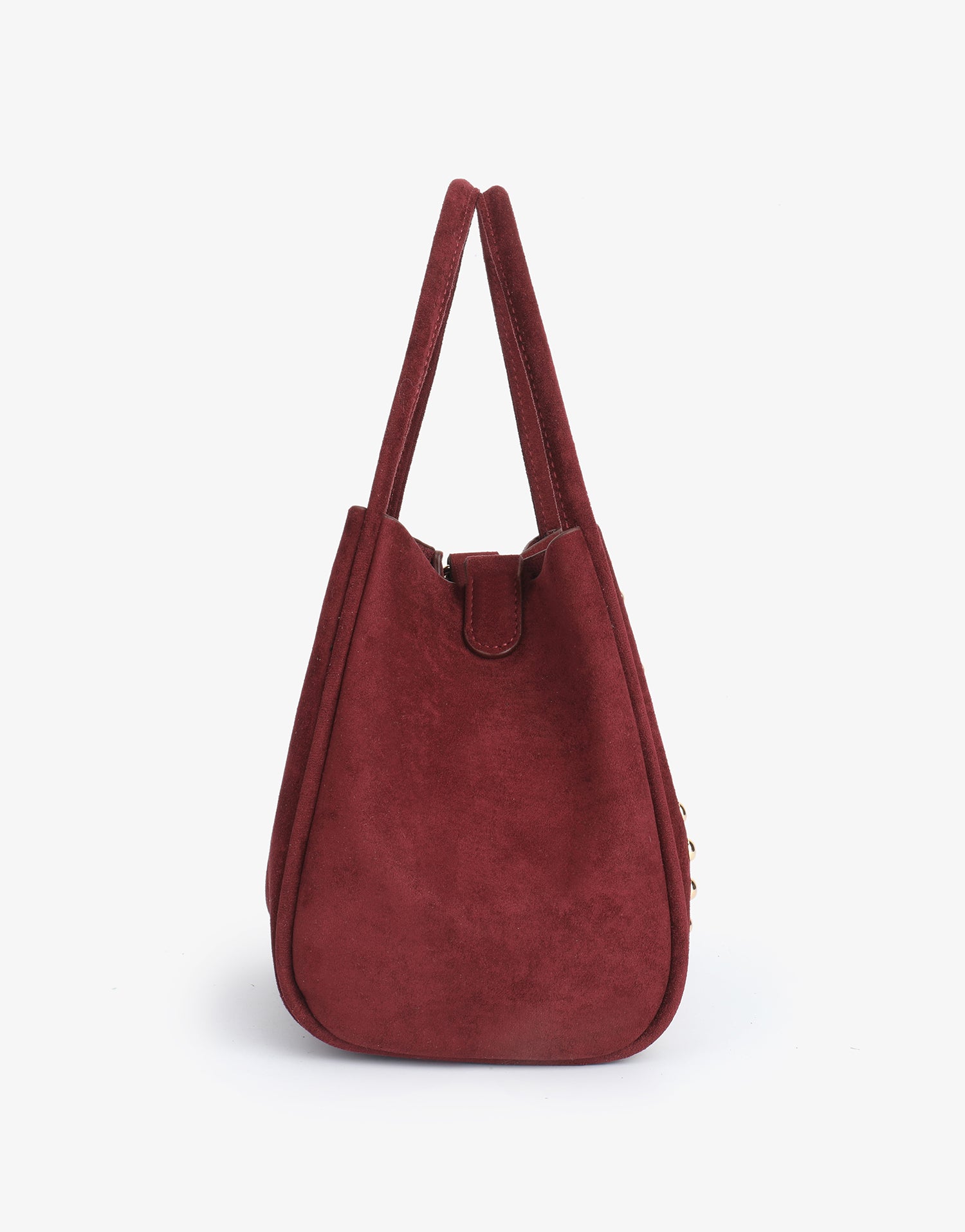 Side details of wine red faux suede handbag_Remi and Reid