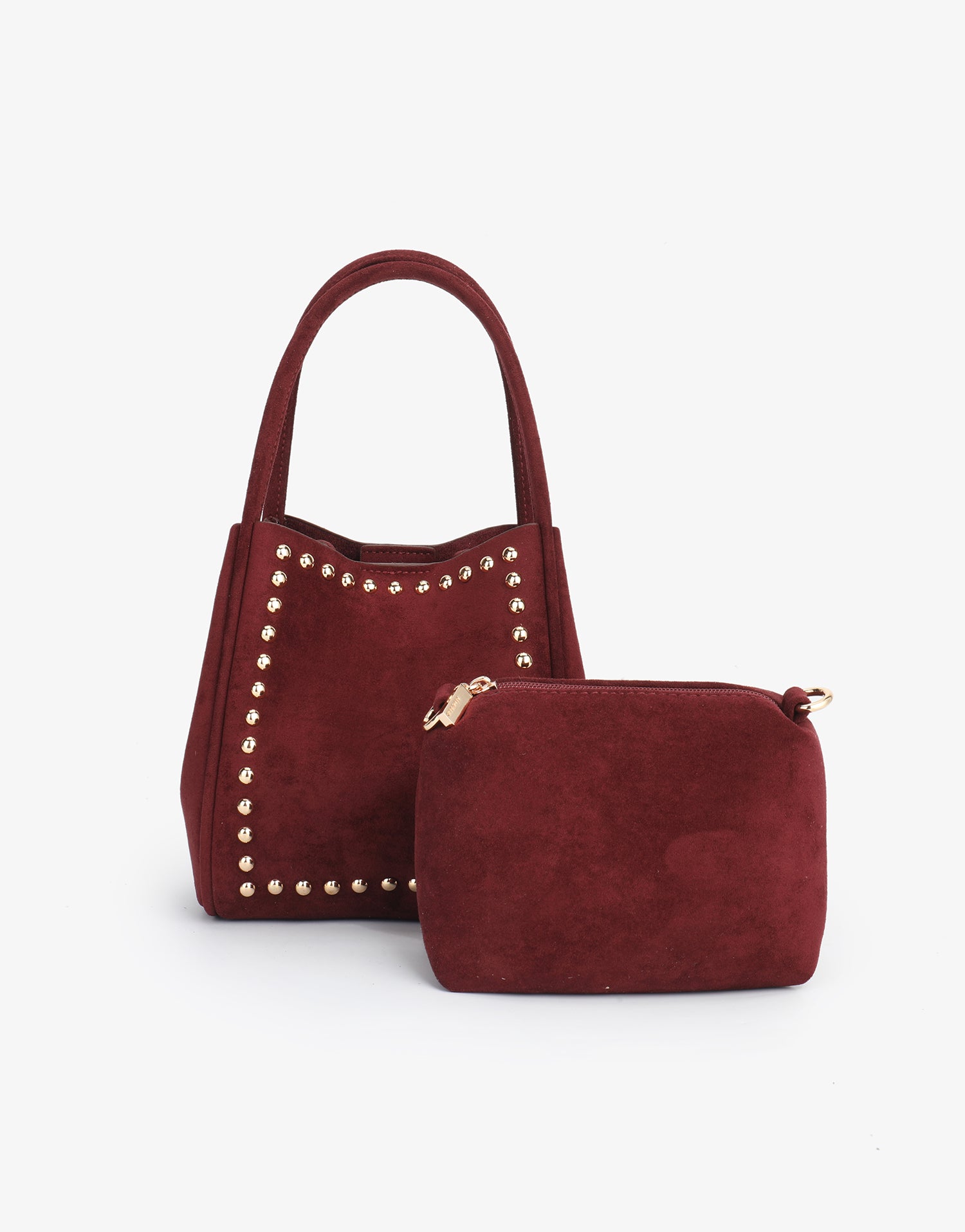Wine red mini tote bag with studded details and matching pouch_Remi and Reid
