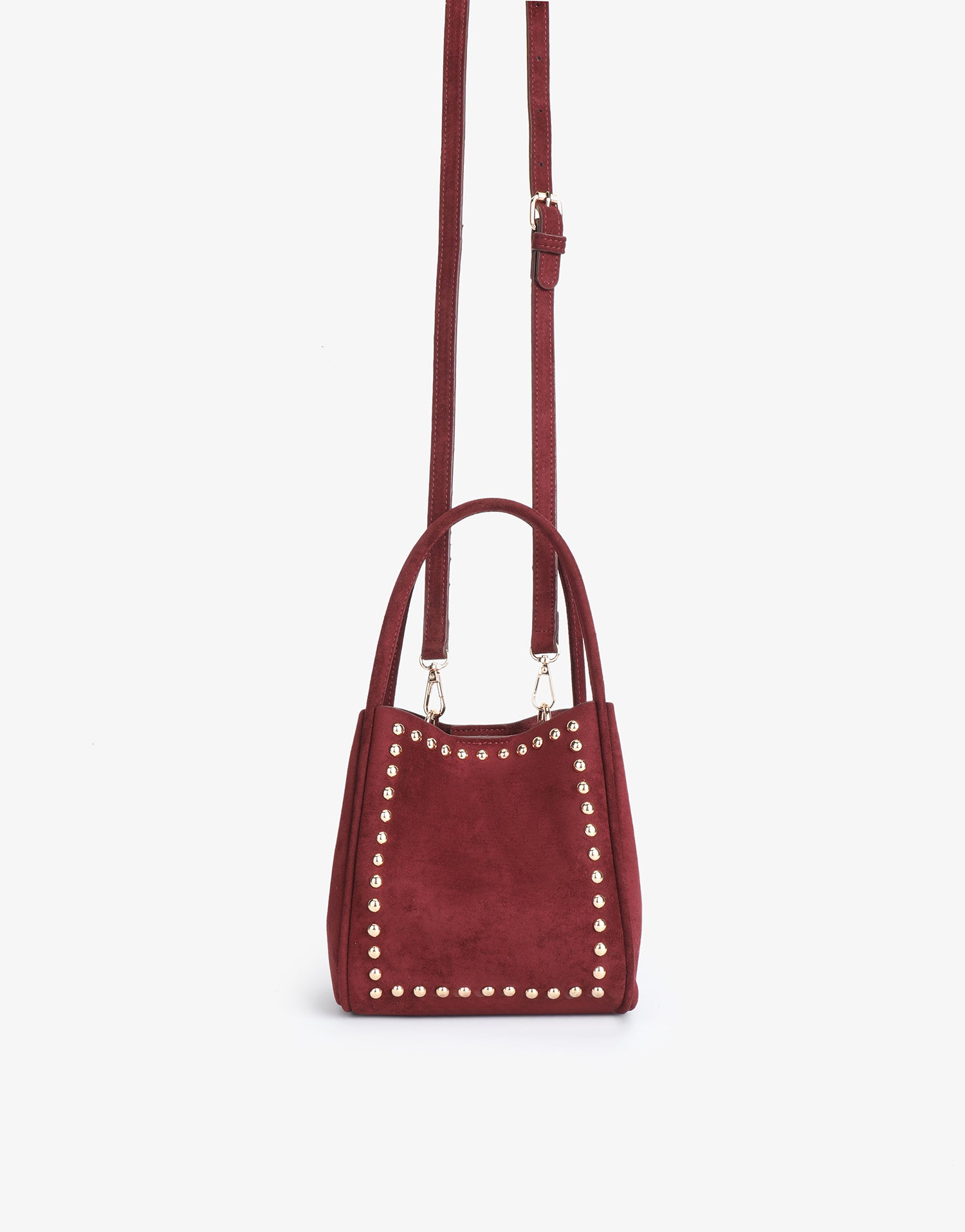 Wine red handbag with studded design and body strap_Remi and Reid