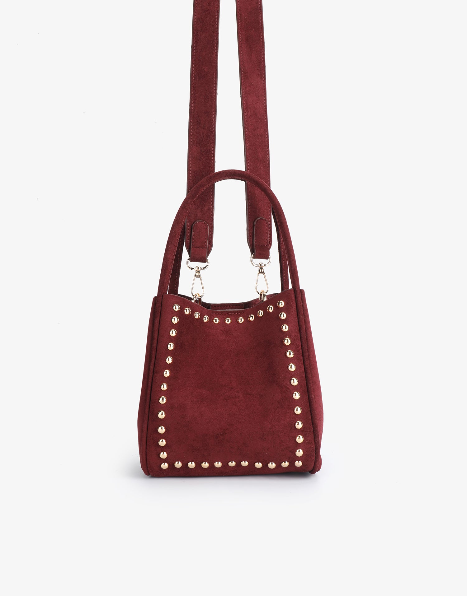 Studded wine red handbag with shoulder strap_Remi and Reid