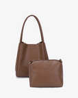Hollace mini tote with matching zippered pouch in taupe by Remi and Reid.