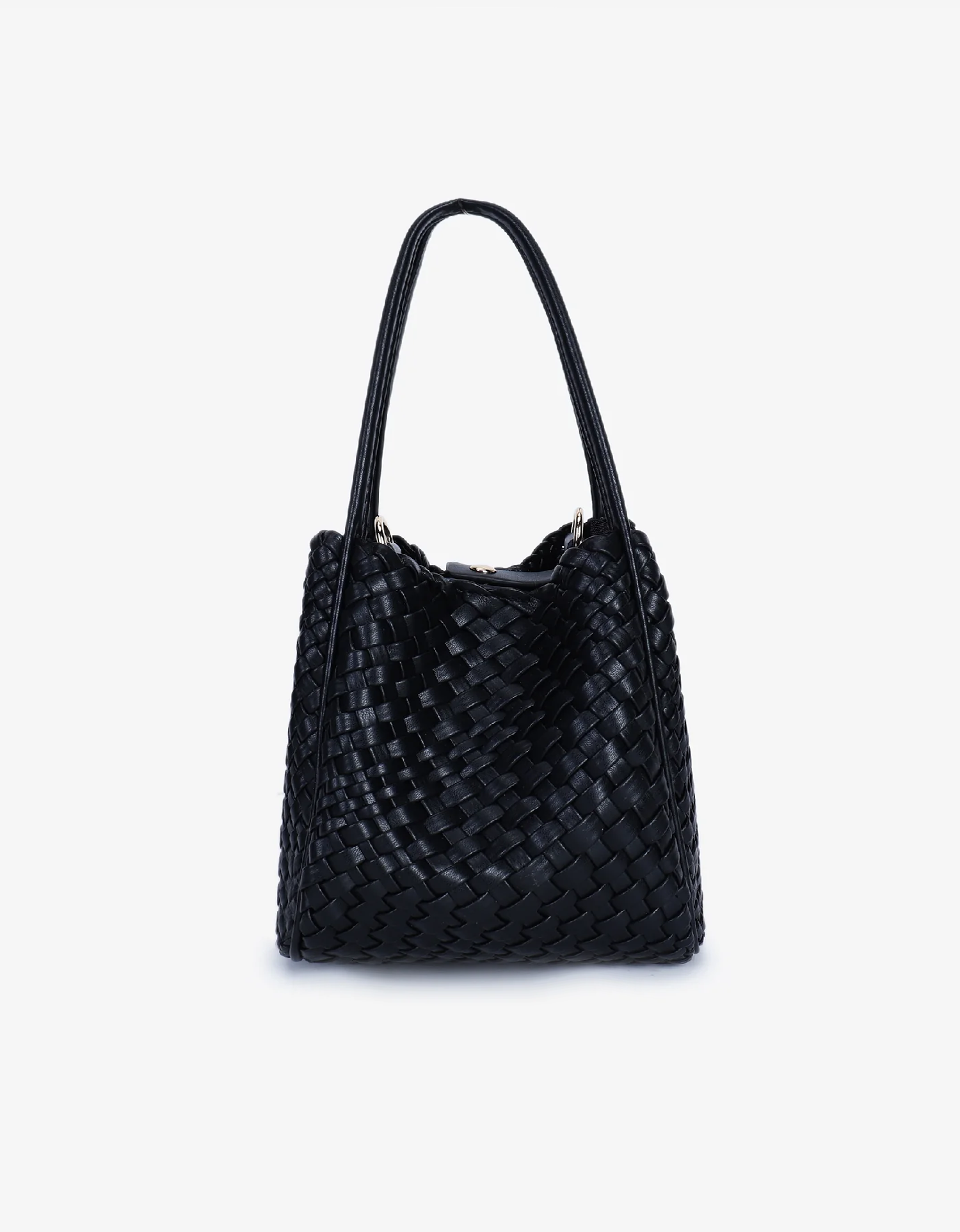 A black mini tote woven handbag with two handles by Remi and Reid.