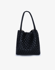 A black mini tote woven handbag with two handles by Remi and Reid.