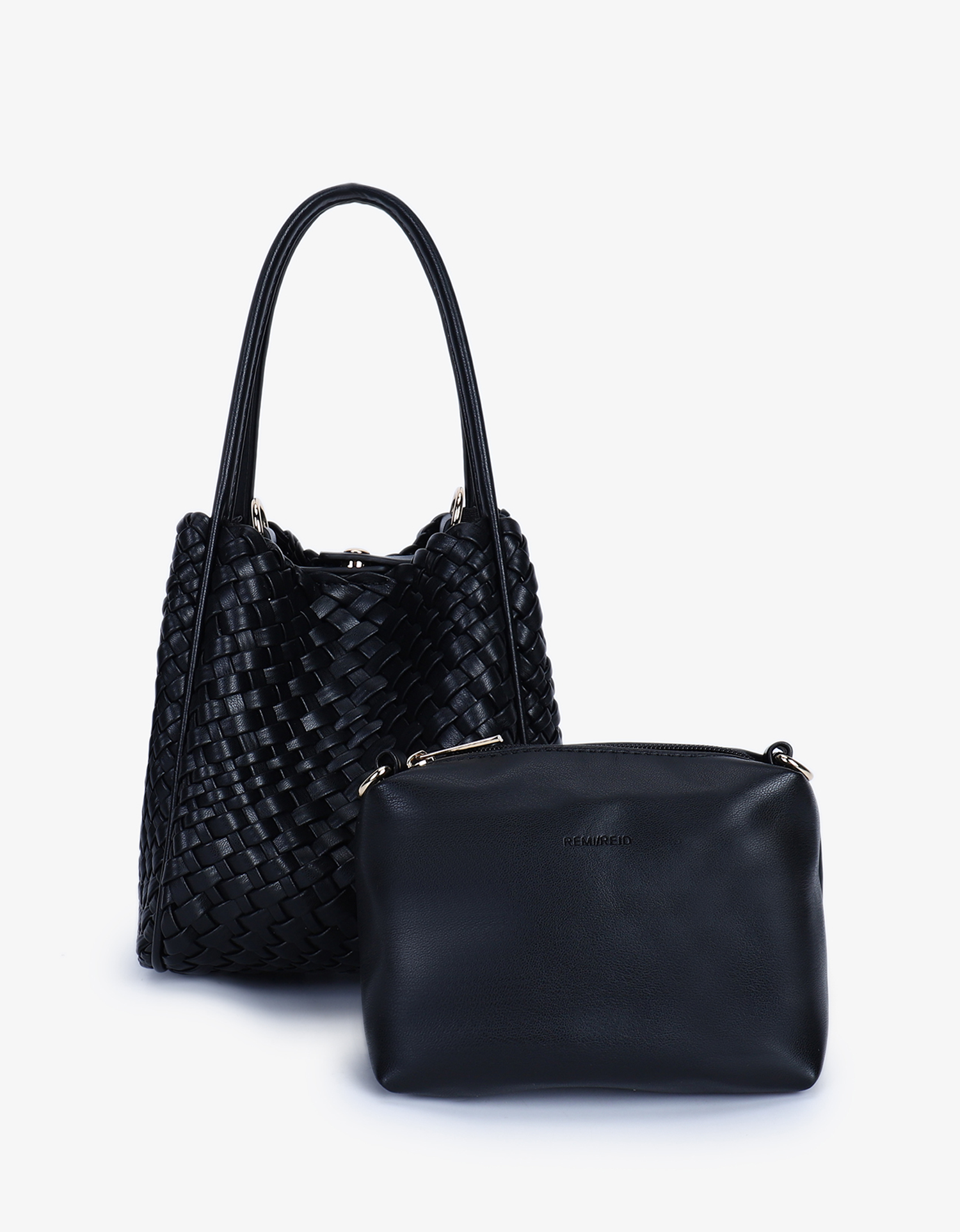 Hollace woven mini tote in black with matching pouch by Remi and Reid.