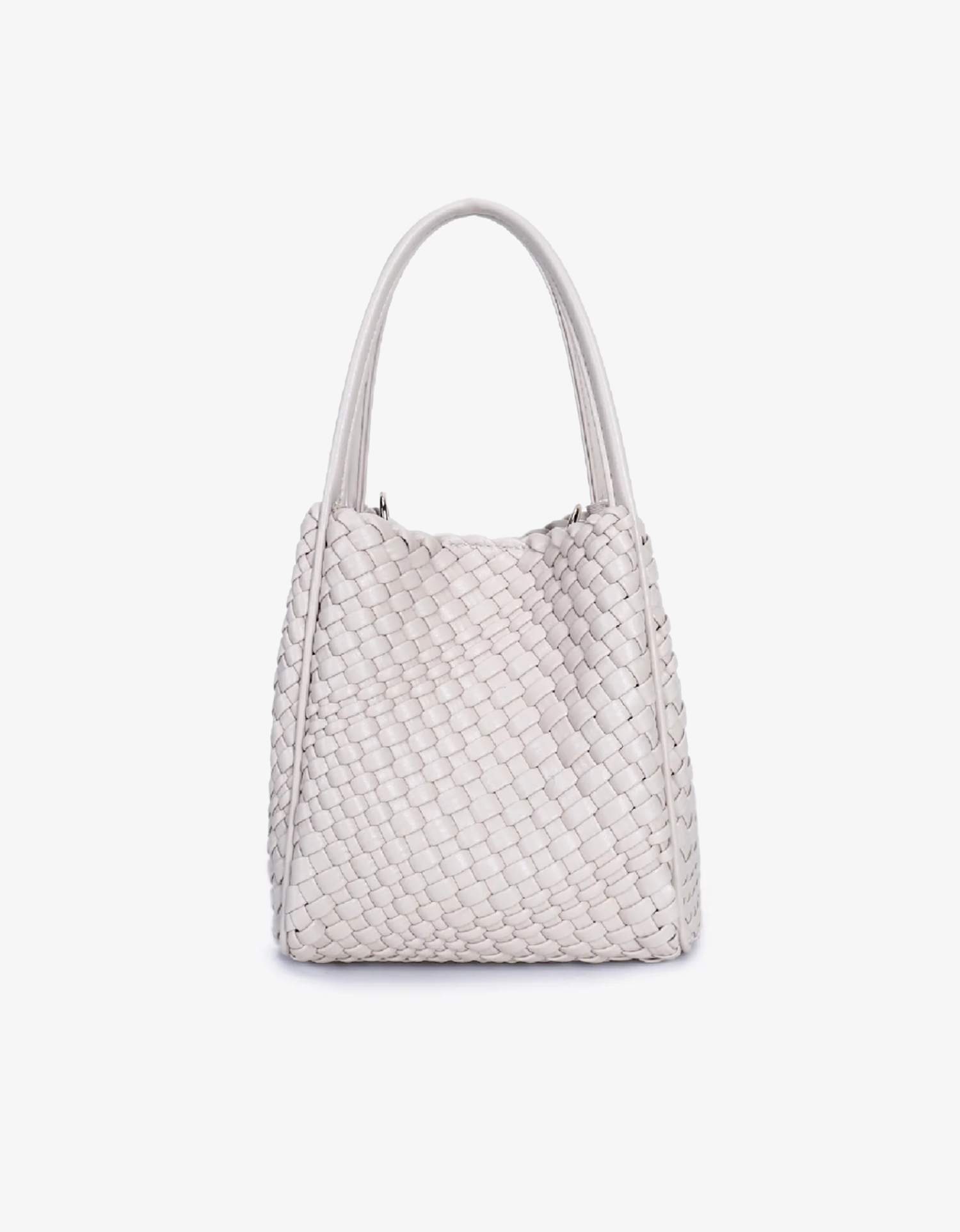 A cream-colored mini tote bag with a woven design, featuring two handles and a detachable crossbody strap.