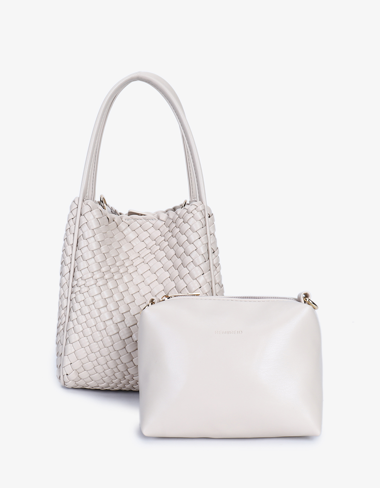 Hollace minit woven tote bag in cream with matching pouch by Remi and Reid.