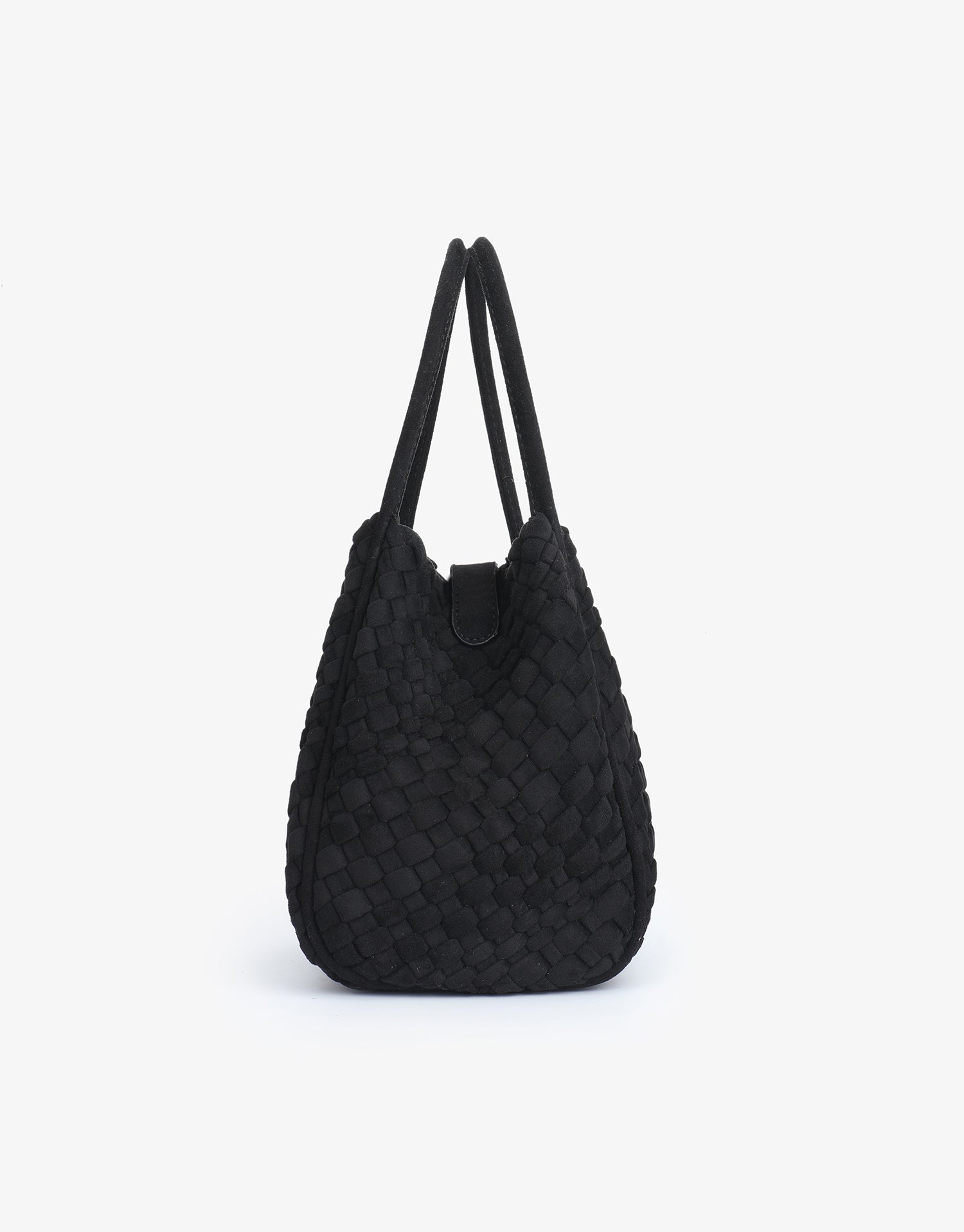 Side details of black mini woven faux suede handbag_Remi and Reid