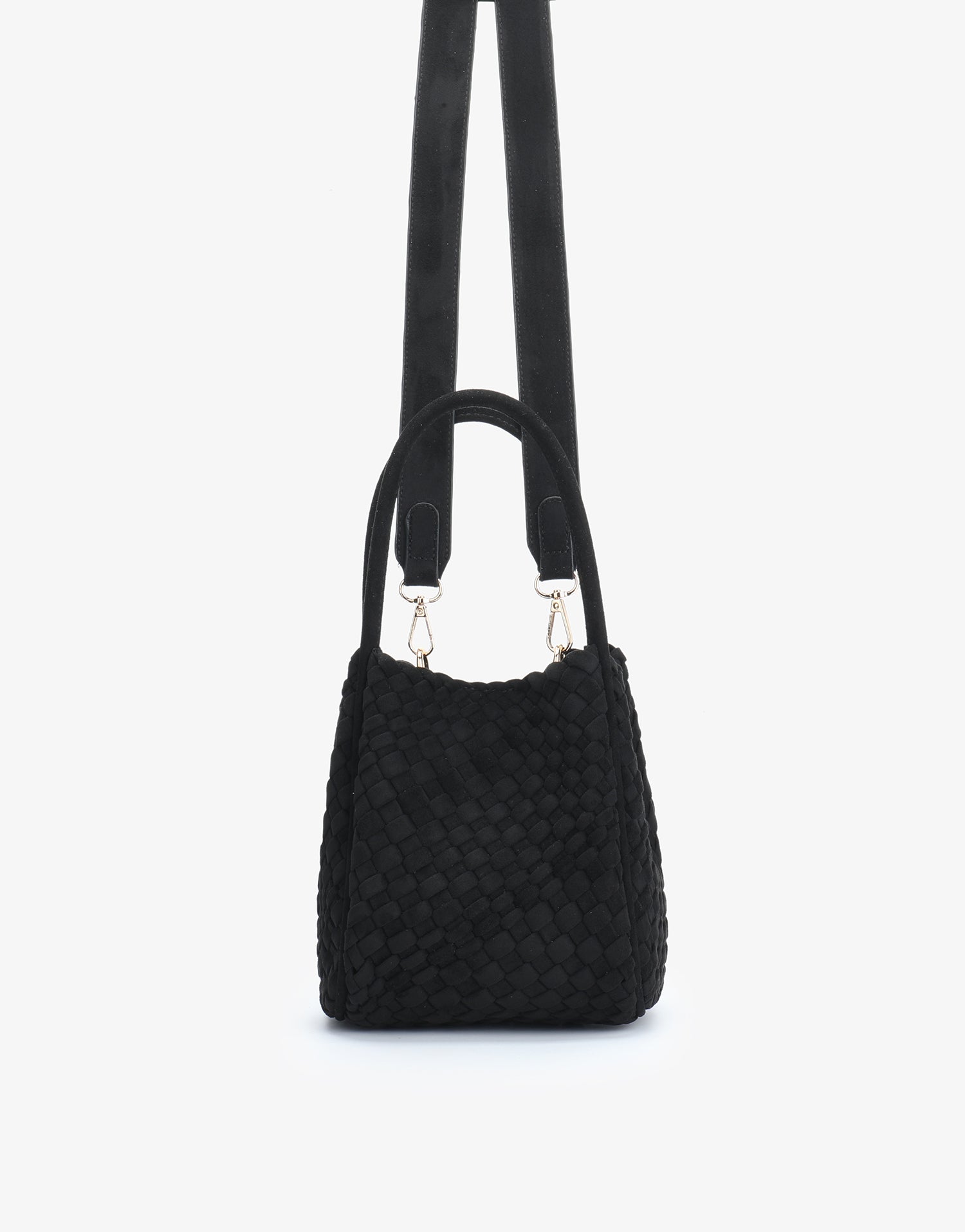 Black faux suede woven handbag with shoulder strap_Remi and Reid