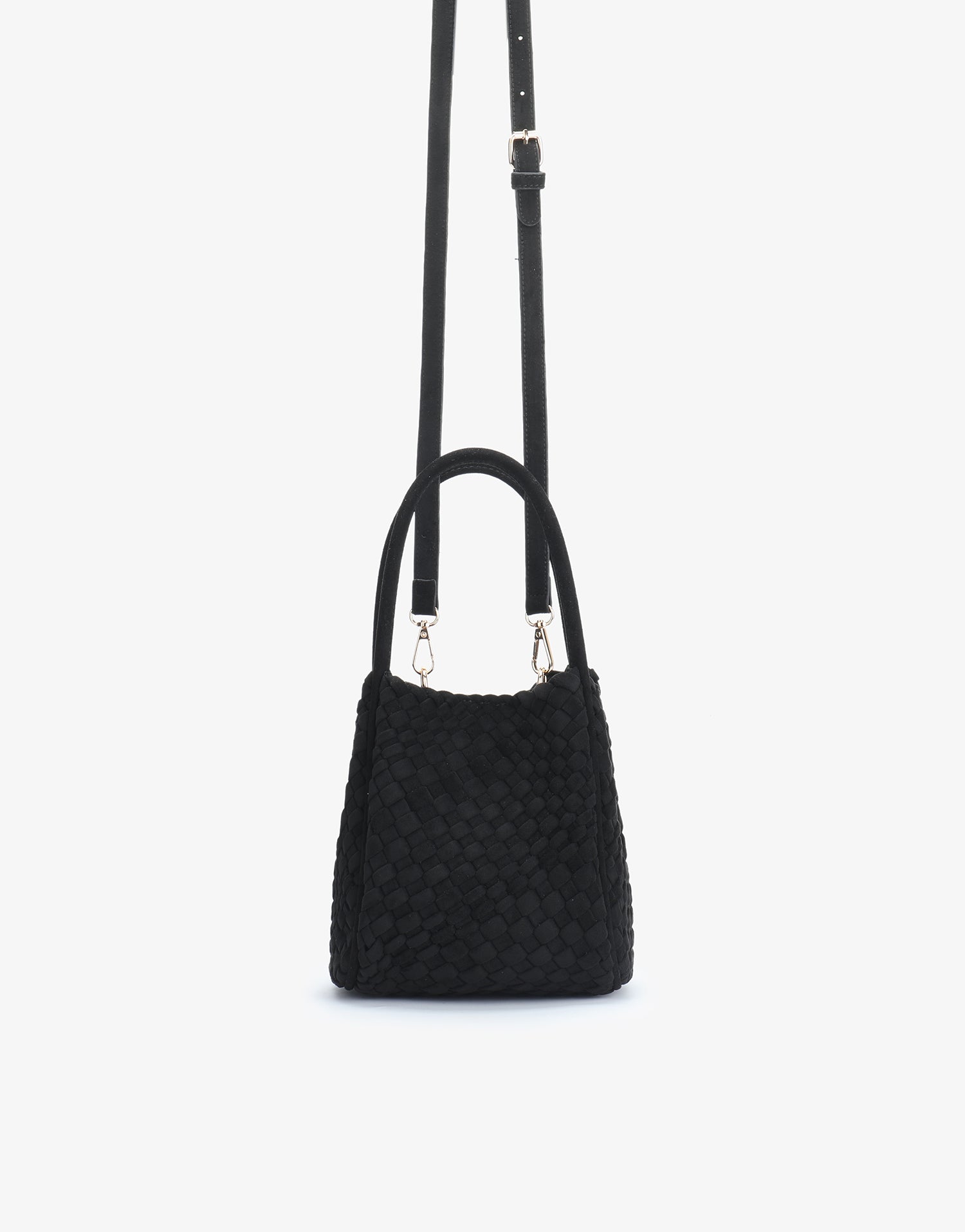 Black faux suede woven tote handbag with body strap_Remi and Reid