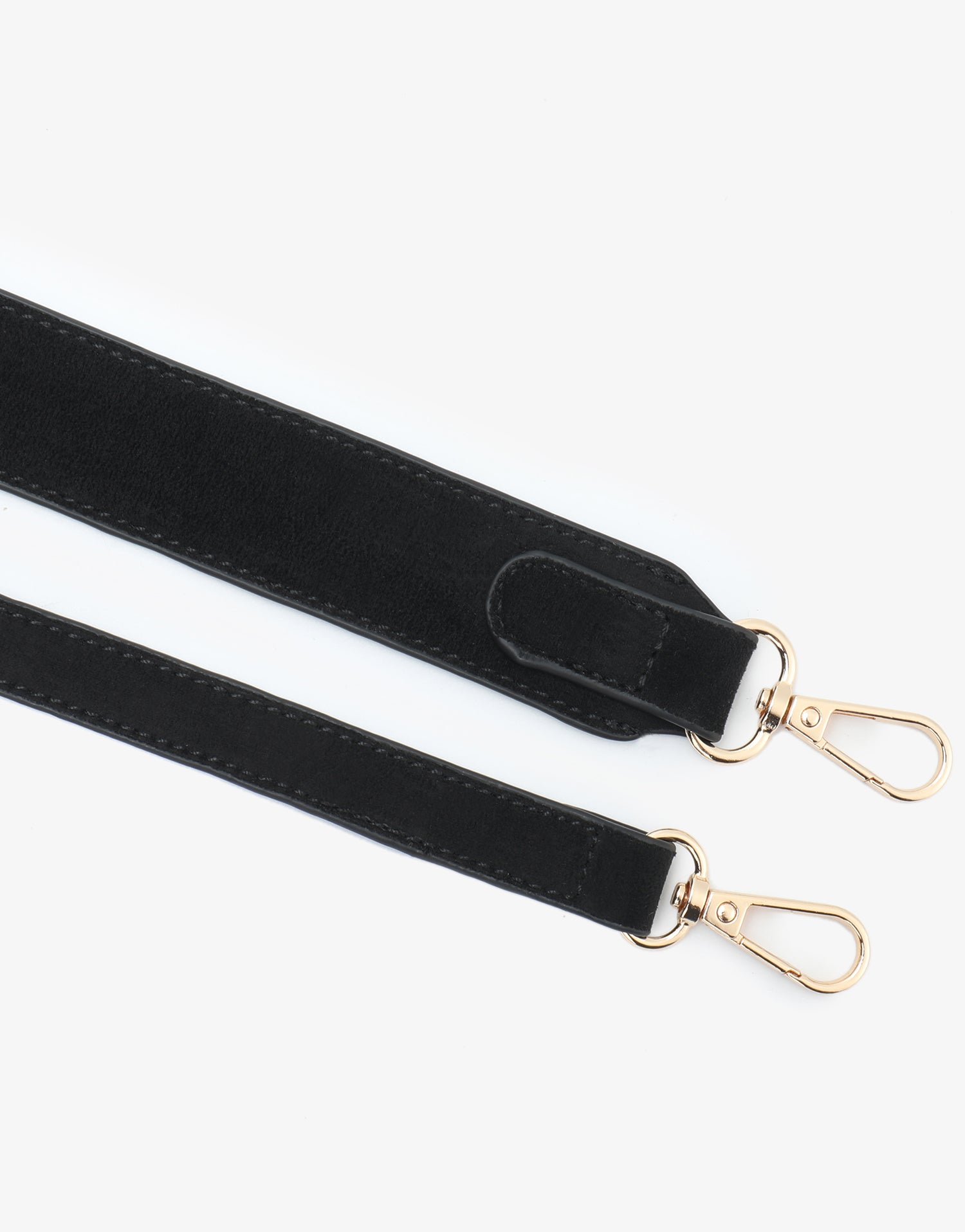 Black faux suede shoulder and body straps with gold hardware_Remi and Reid