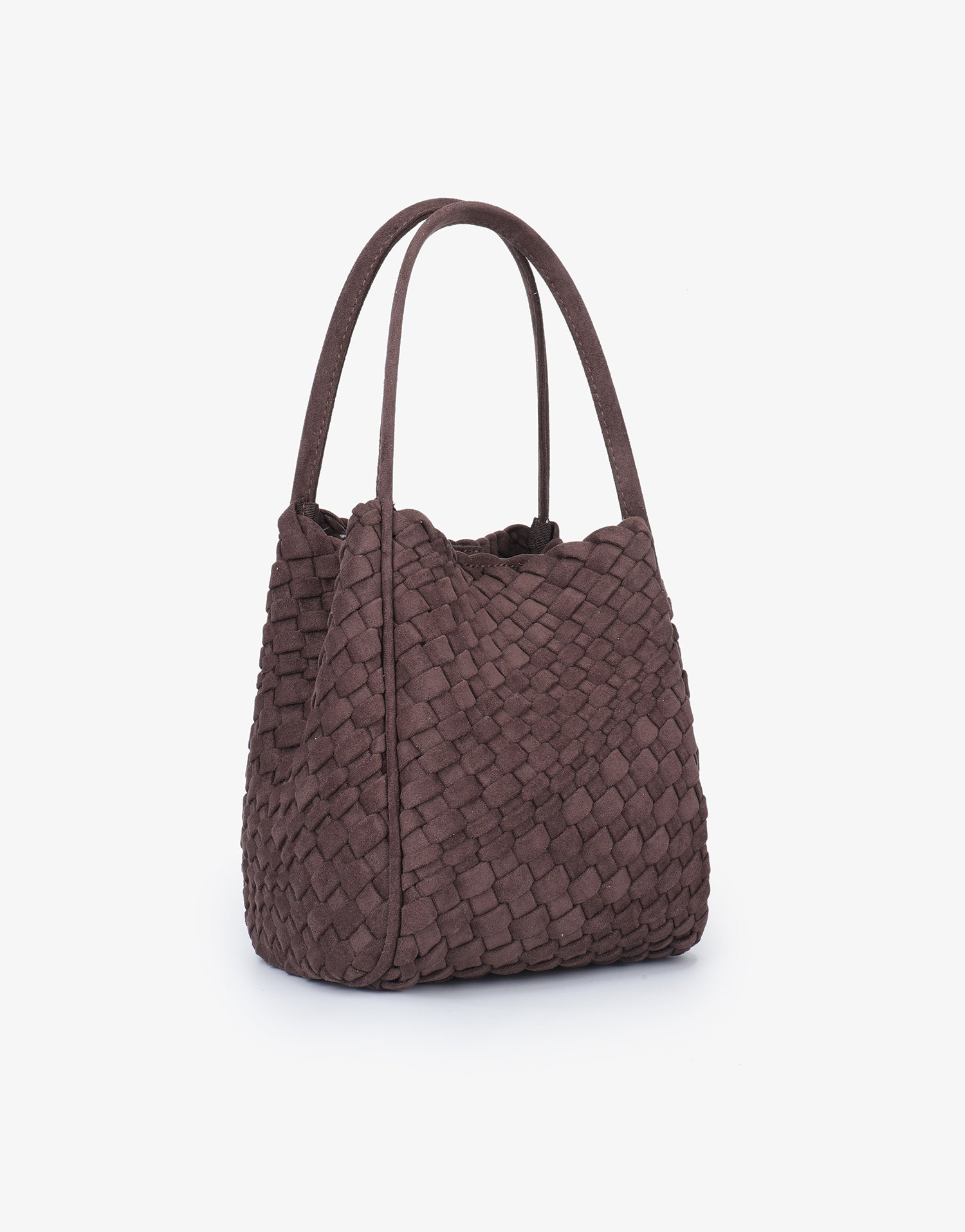 Dark brown tote bag with a woven pattern and top handle_Remi and Reid