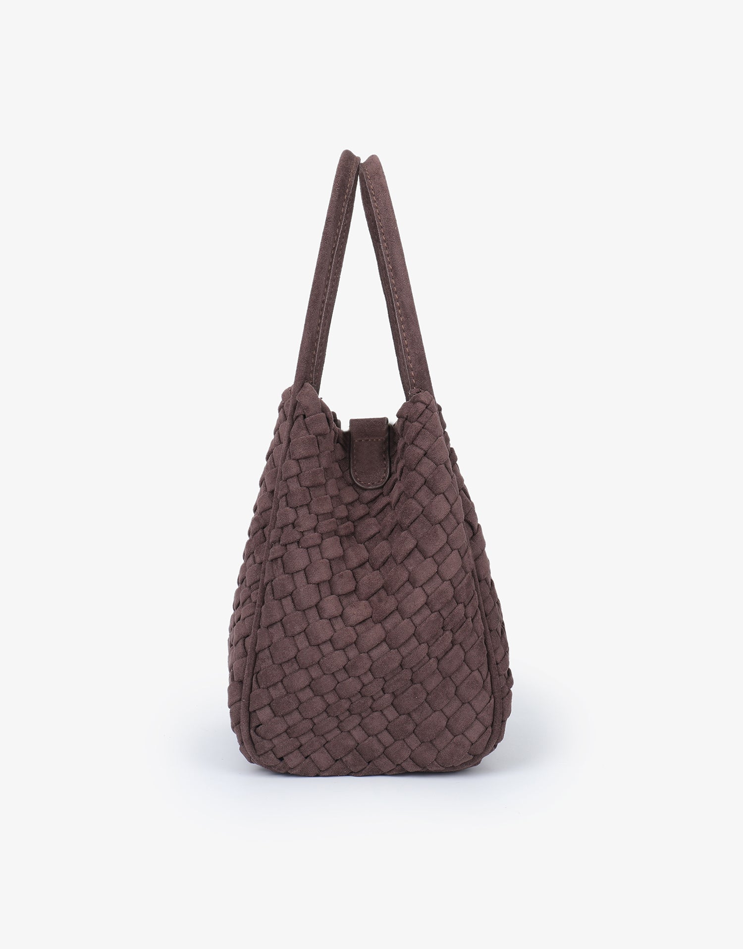Dark brown woven faux suede handbag and mini tote_Remi and Reid