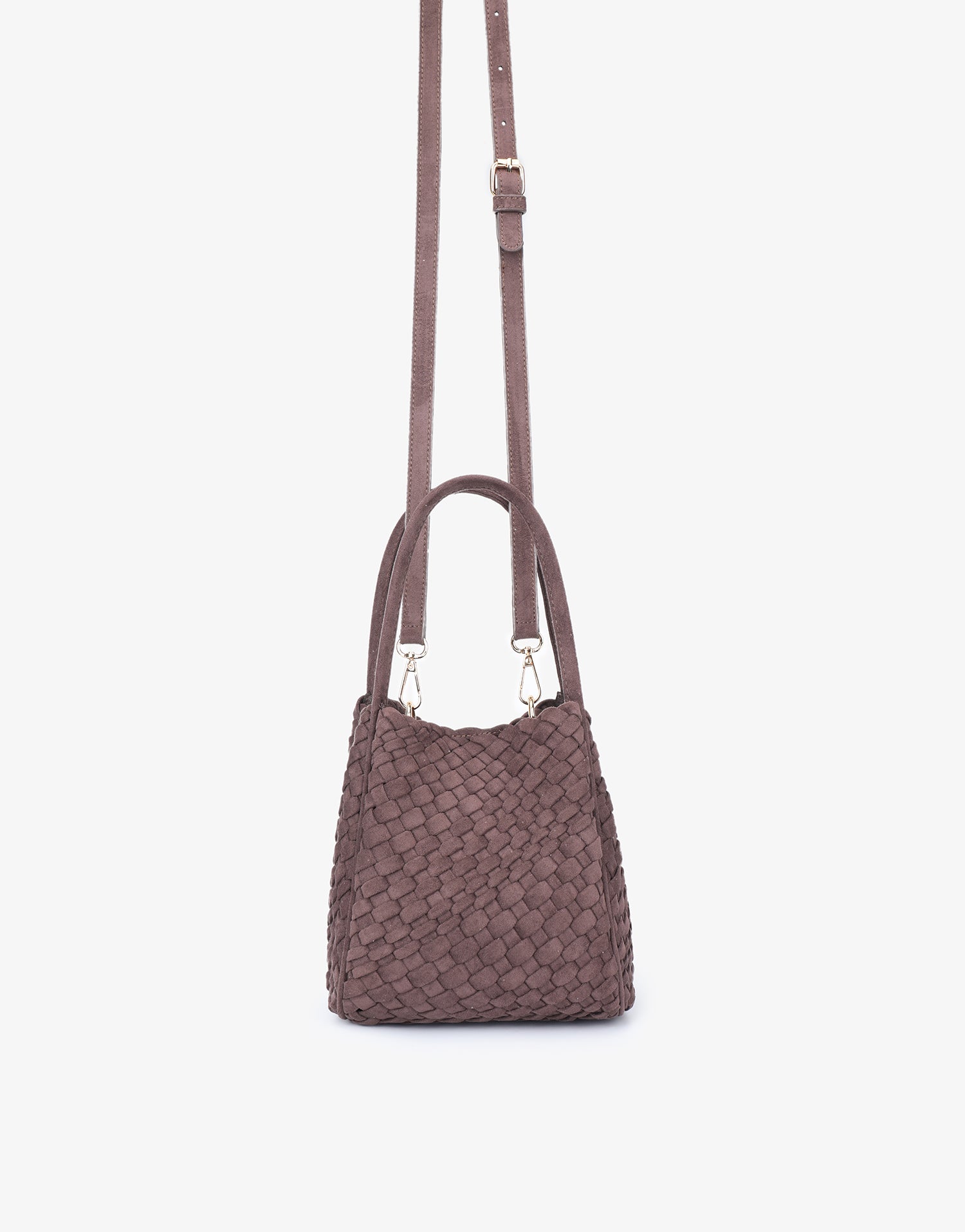 Brown woven mini tote handbag with crossbody strap_Remi and Reid