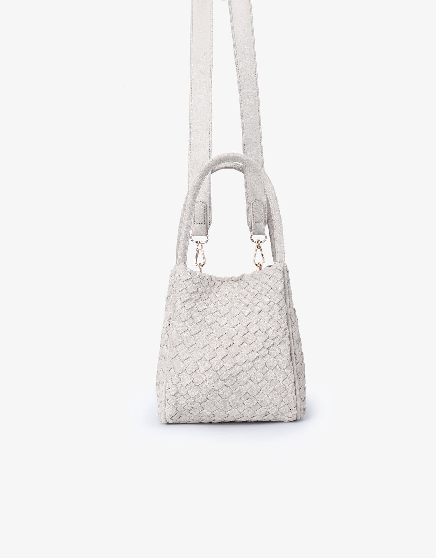 White woven faux suede mini handbag with shoulder strap_Remi and Reid