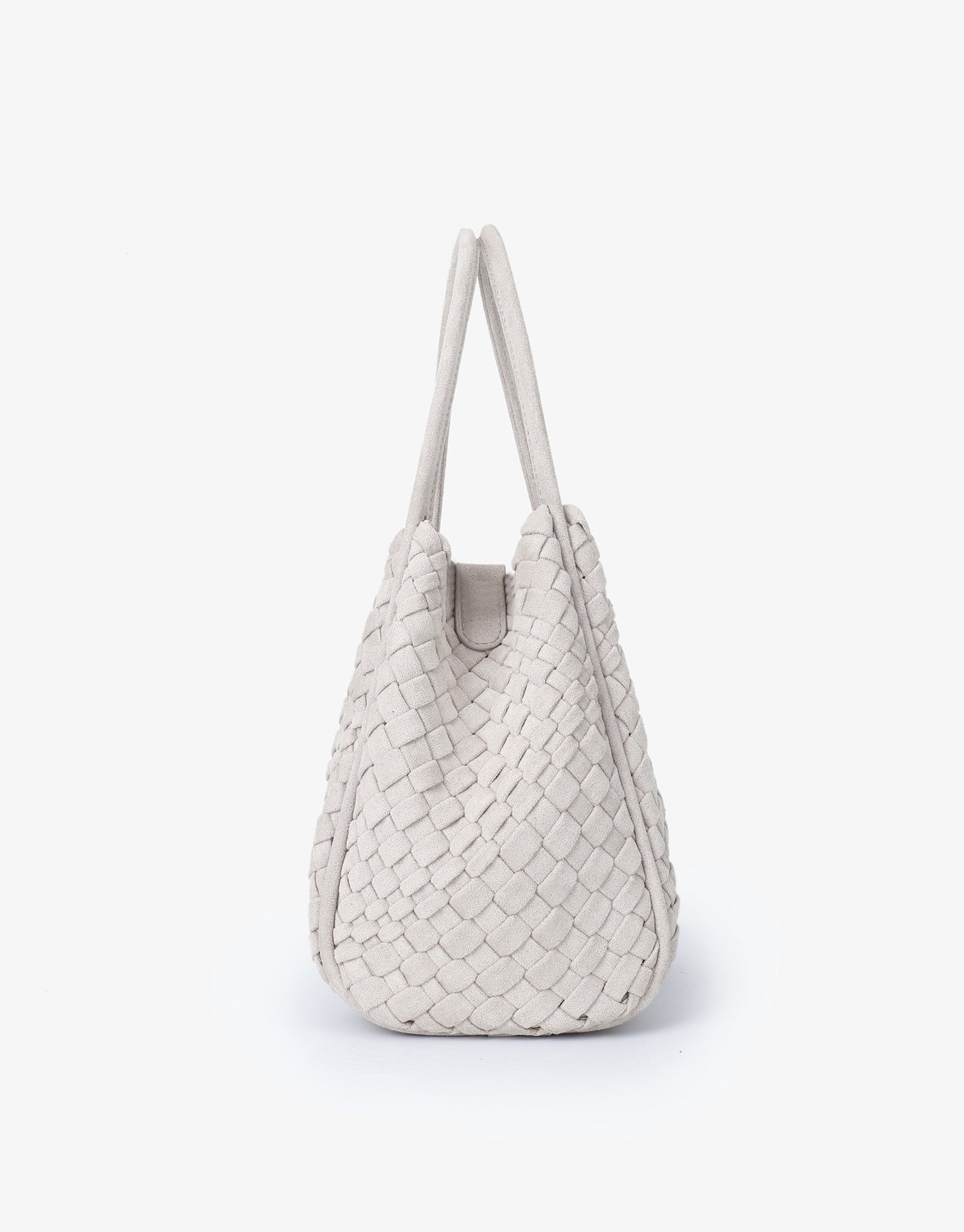 Side details of white woven faux suede mini handbag_Remi and Reid
