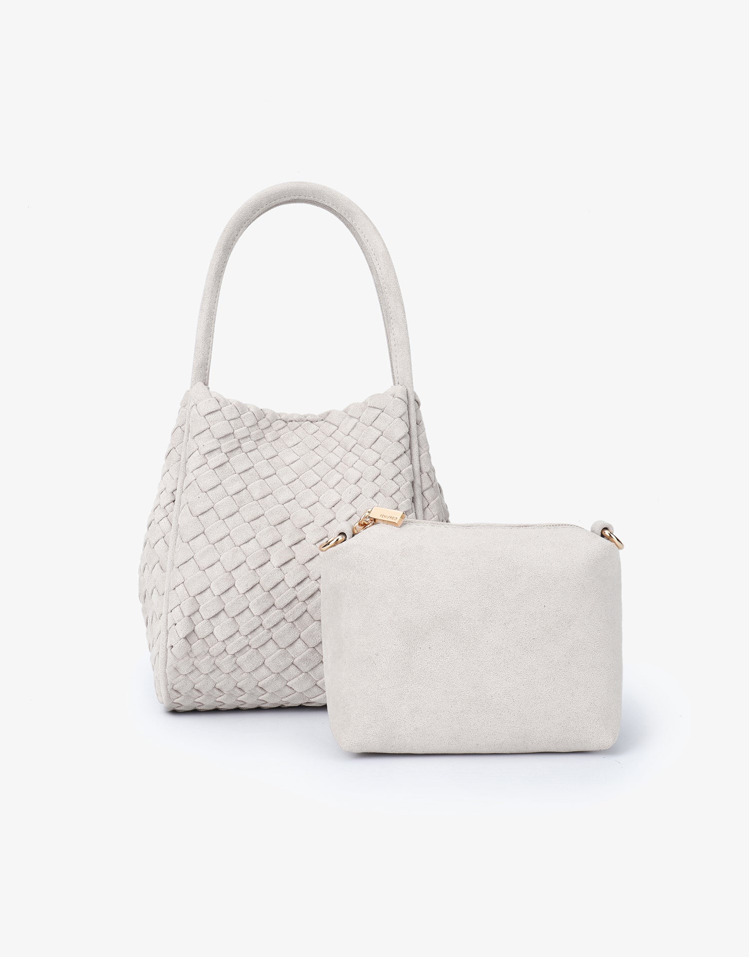 Cream white woven faux suede handbag with a matching pouch_Remi and Reid