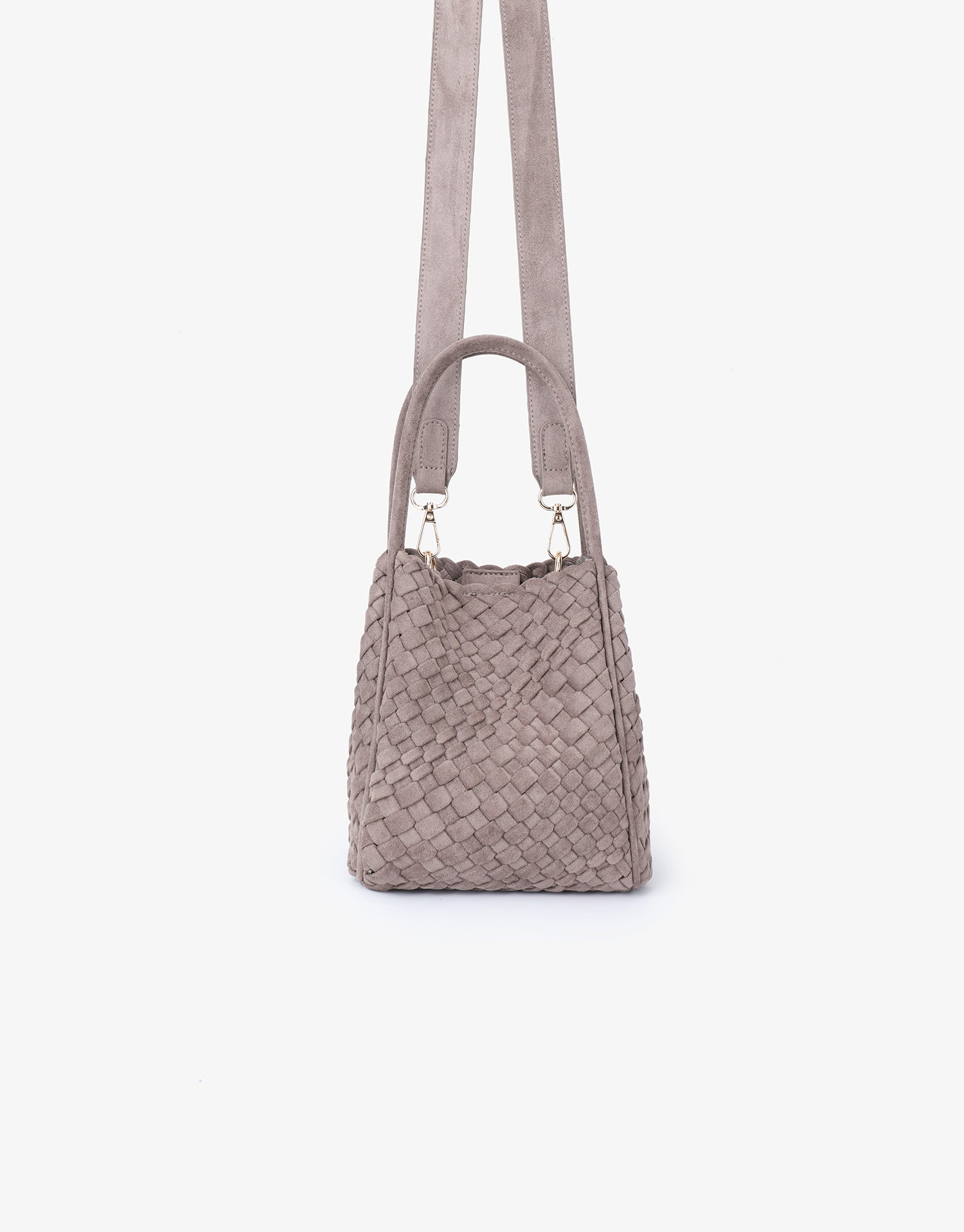 Dark taupe woven faux suede tote handbag with shoulder strap_Remi and Reid