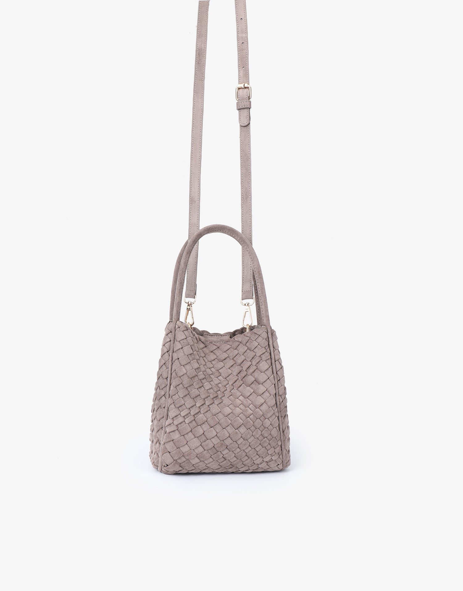 Woven faux suede mini tote handbag with body strap_Remi and Reid