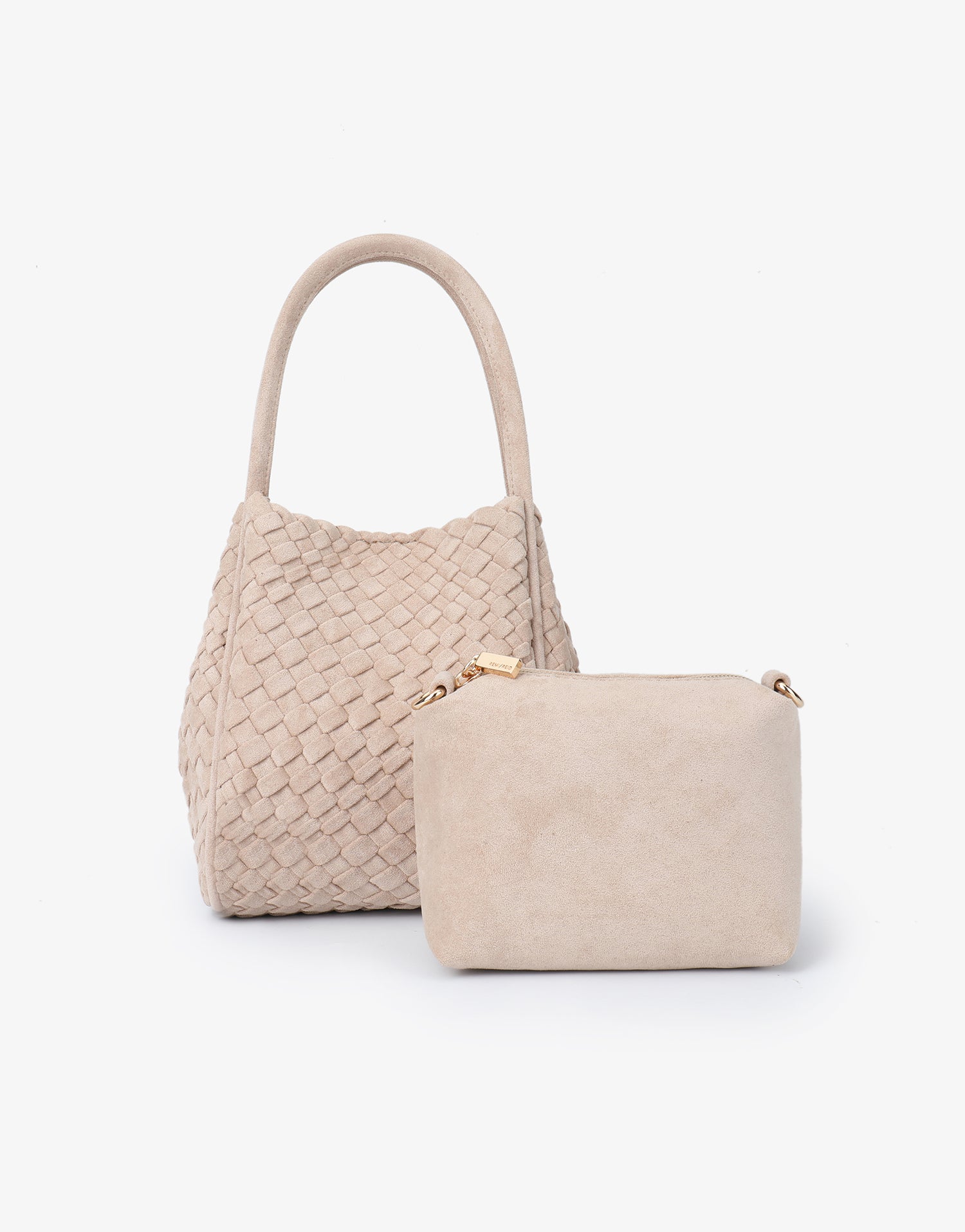 Beige woven faux suede handbag with matching pouch_Remi and Reid