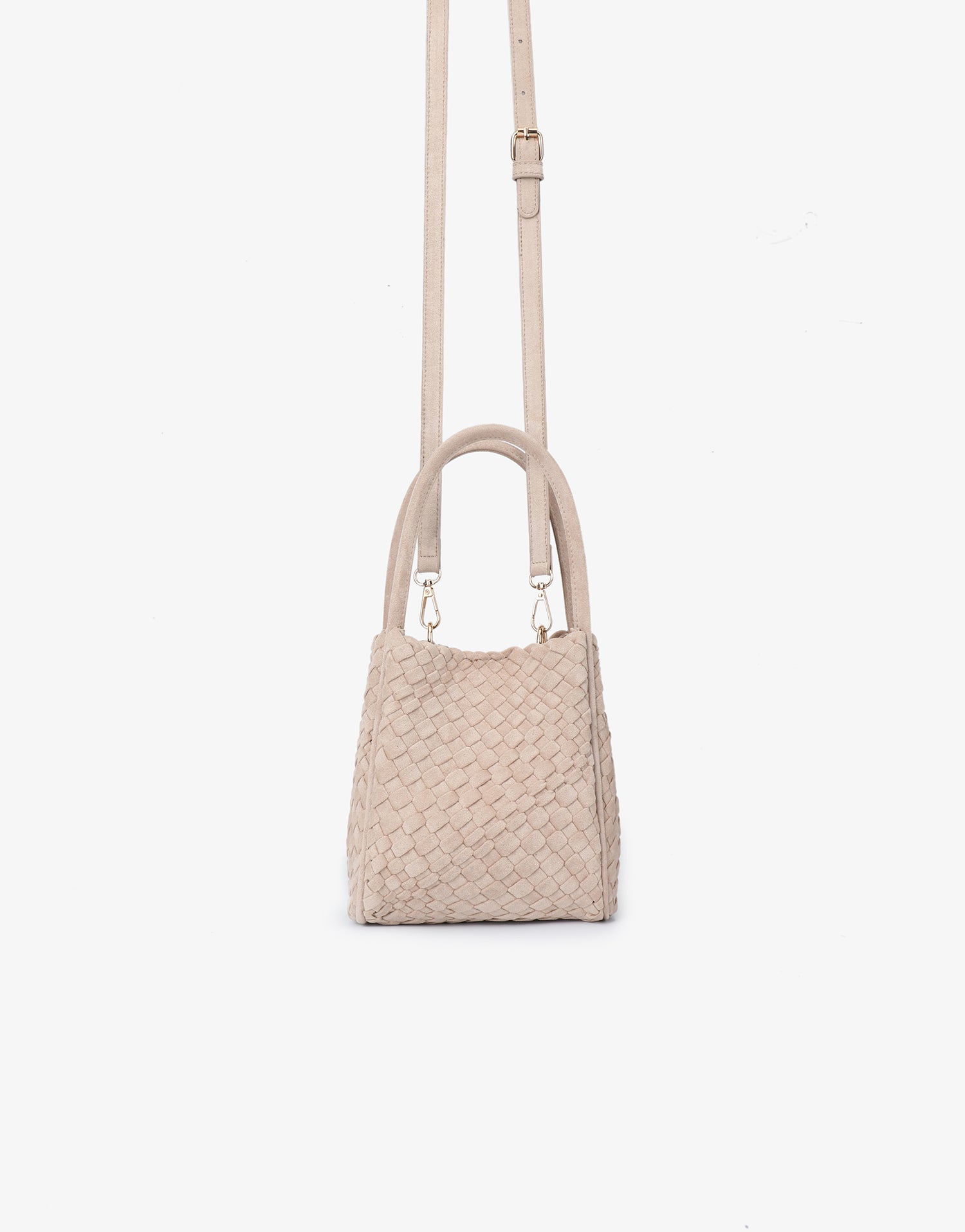 Mini woven faux suede tote bag with body strap_Remi and Reid