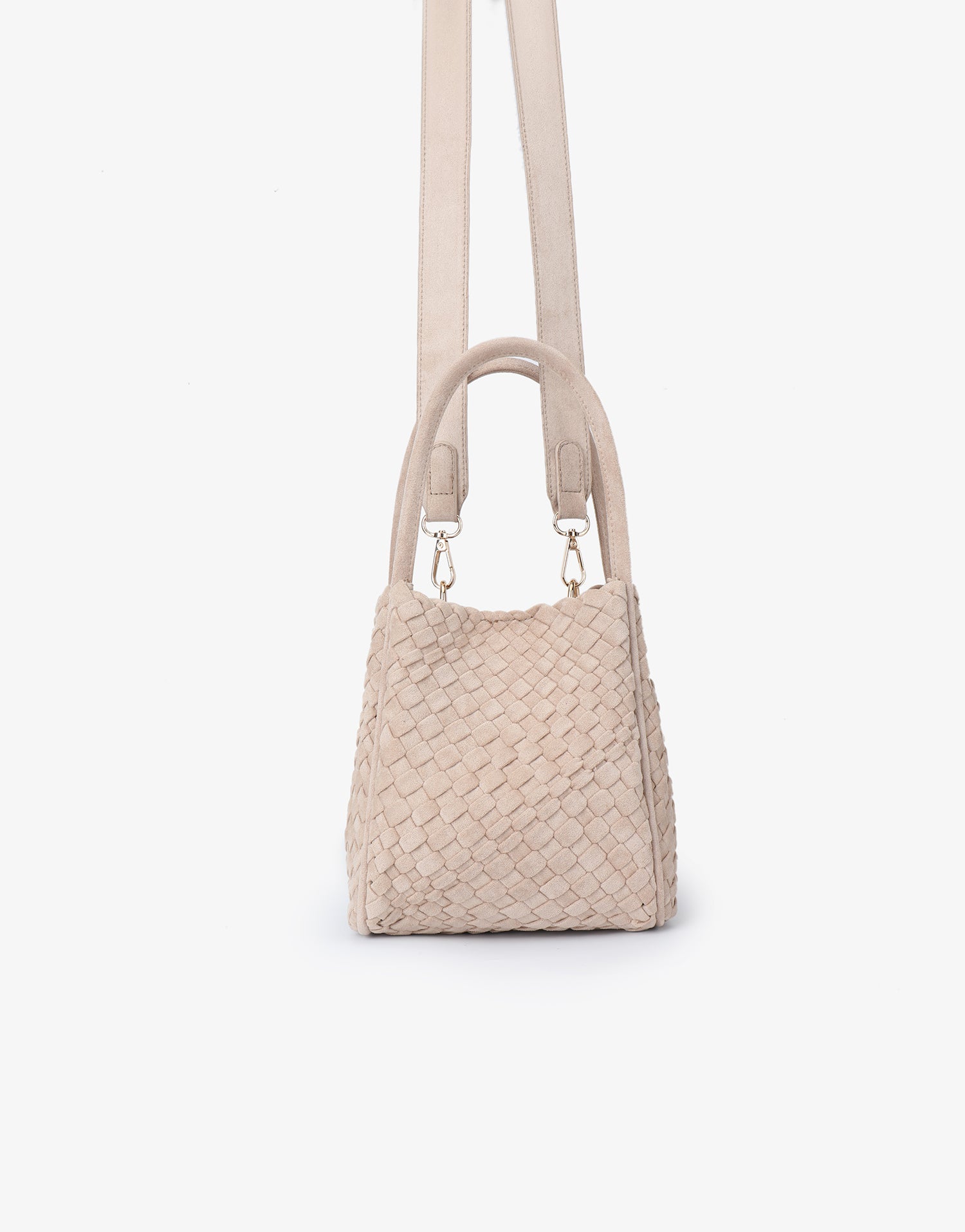 Mini woven faux suede tote bag with shoulder strap_Remi and Reid
