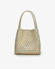 A mini tote handbag with a woven design in a platinum color, featuring two handles and a detachable crossbody strap.