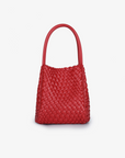 A red mini tote handbag with a woven design, featuring two handles by Remi and Reid.