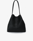 A black woven tote handbag with two handles and a removable crossbody strap.