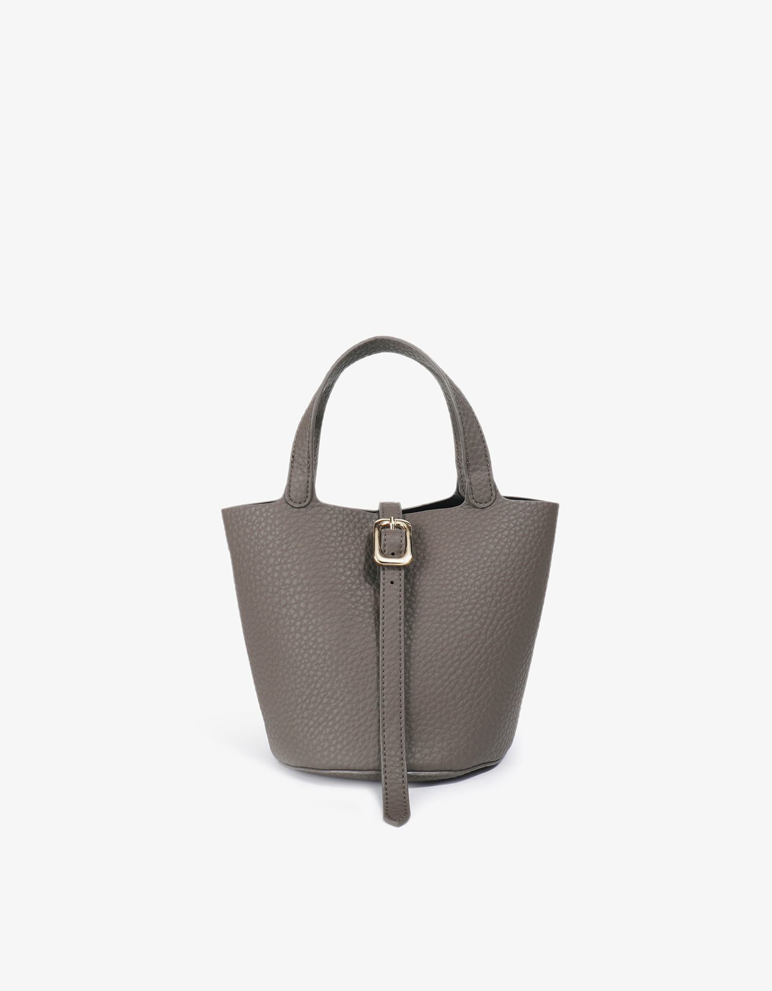 Dark grey vegan leather bucket bag with a buckle detail on the front and a long strap design by Remi and Reid.