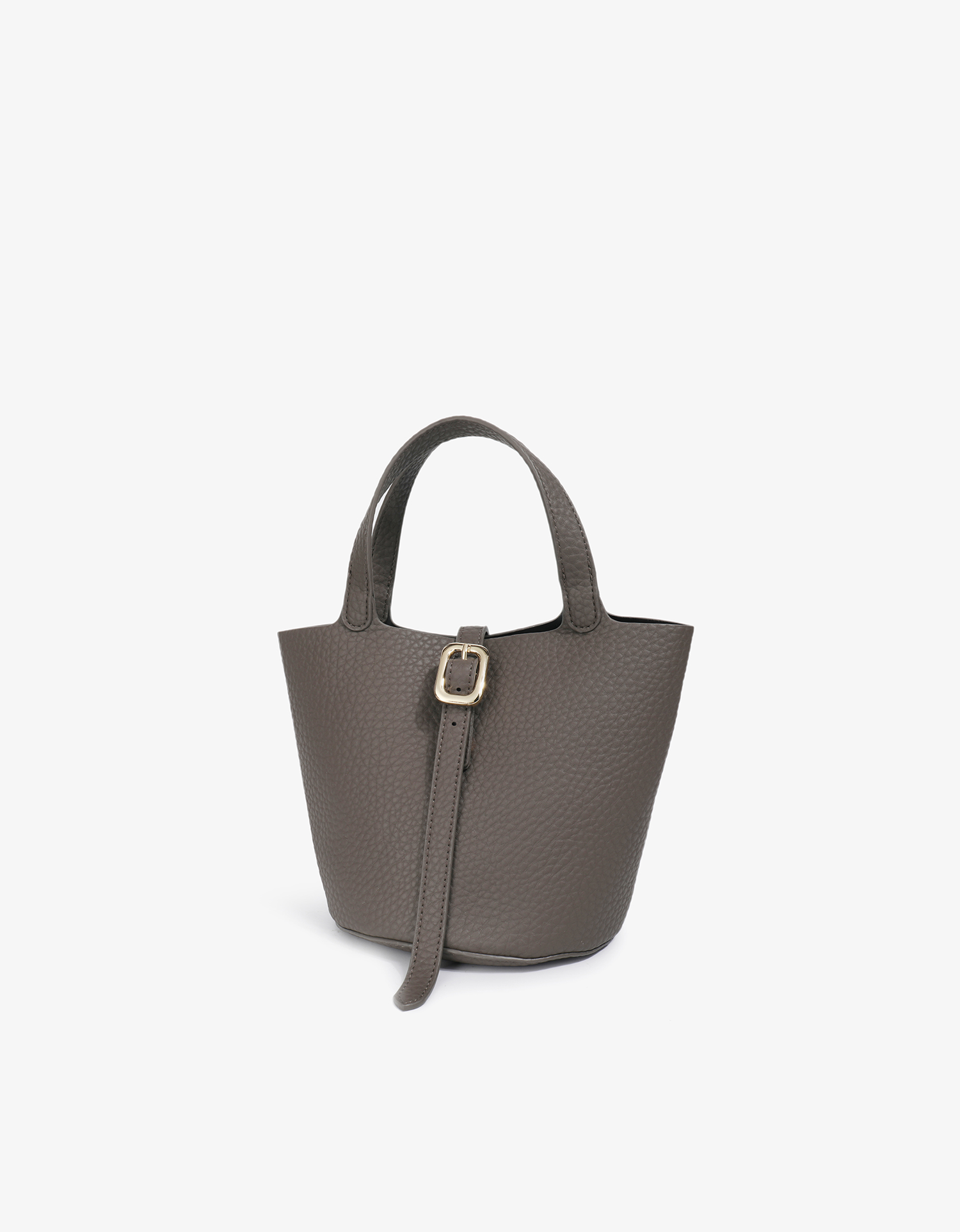 Dark grey vegan leather bucket bag with a buckle detail on the front and a long strap design by Remi and Reid.