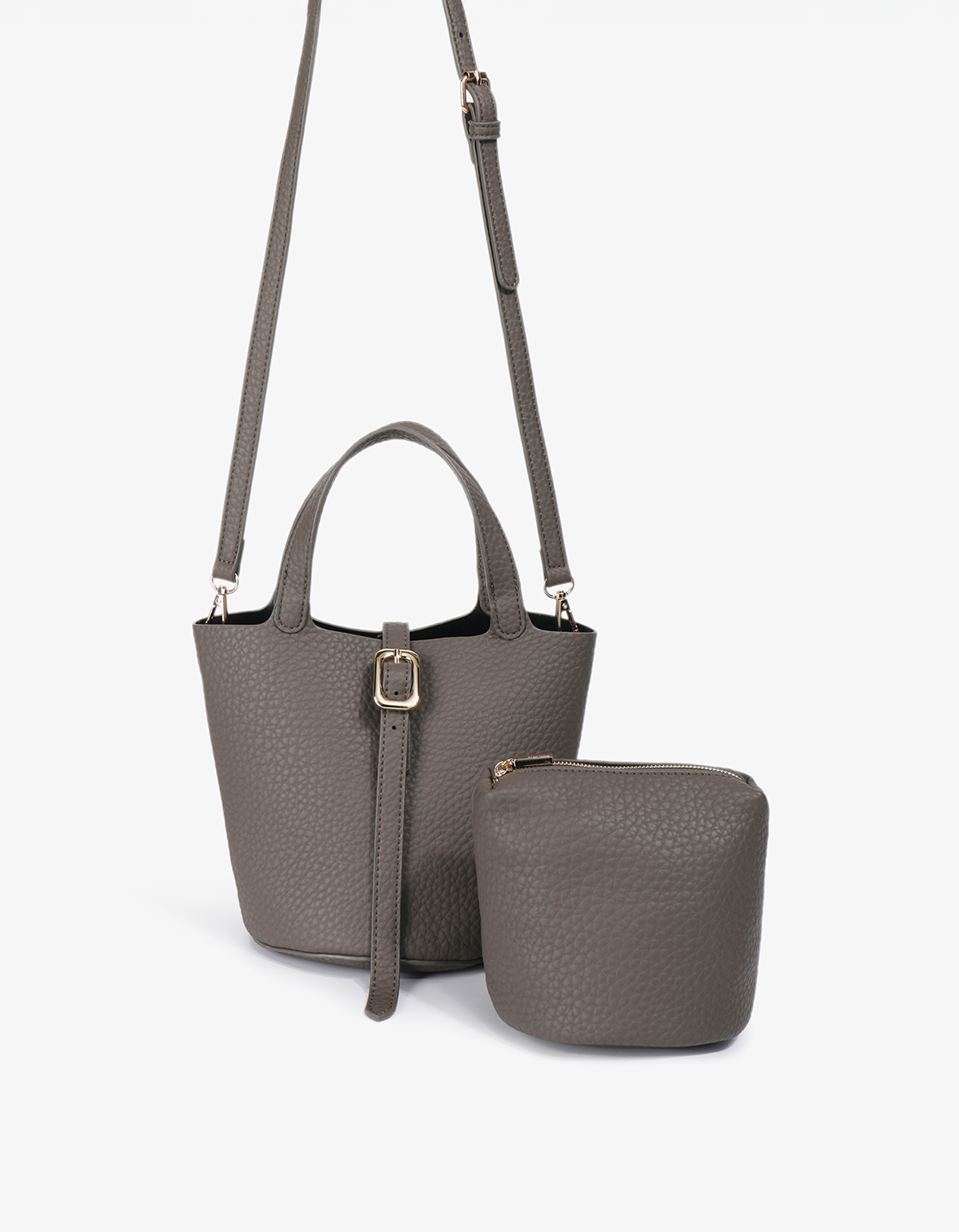Joya dark grey mini bucket handbag with adjustable crossbody strap and matching zippered pouch by Remi and Reid.