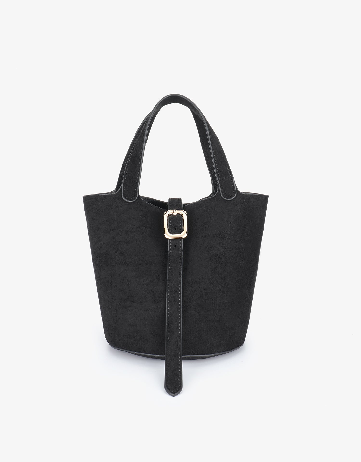 Black faux suede bucket bag with buckle strap design_Remi and Reid