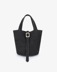 Black faux suede bucket bag with buckle strap design_Remi and Reid