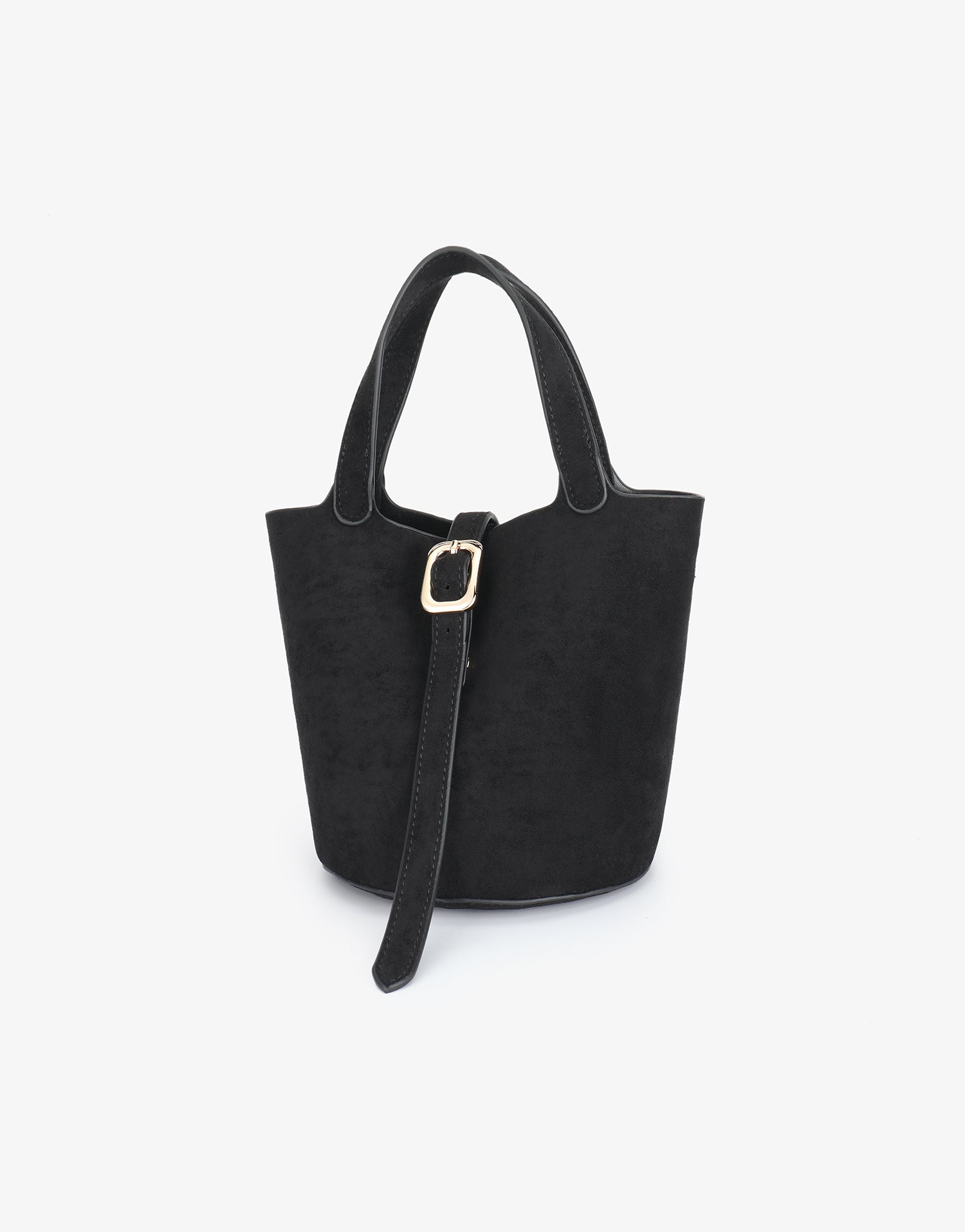 Black faux suede bucket bag with buckle strap design_Remi and Reid