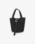 Black faux suede bucket bag with buckle strap design_Remi and Reid