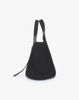 Side view details of mini black faux suede bucket bag_Remi and Reid