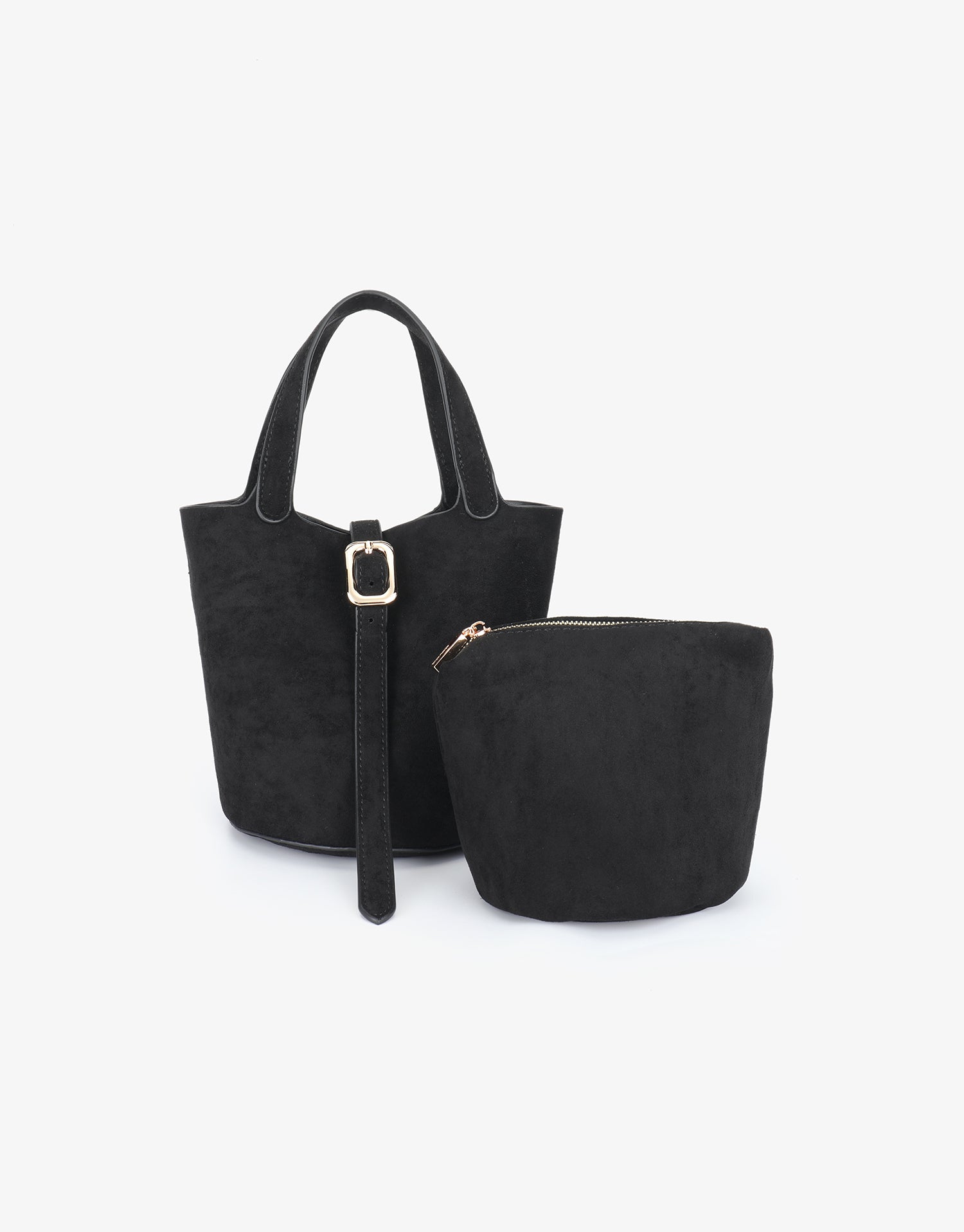 Mini black faux suede bucket bag with matching pouch_Remi and Reid