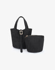 Mini black faux suede bucket bag with matching pouch_Remi and Reid