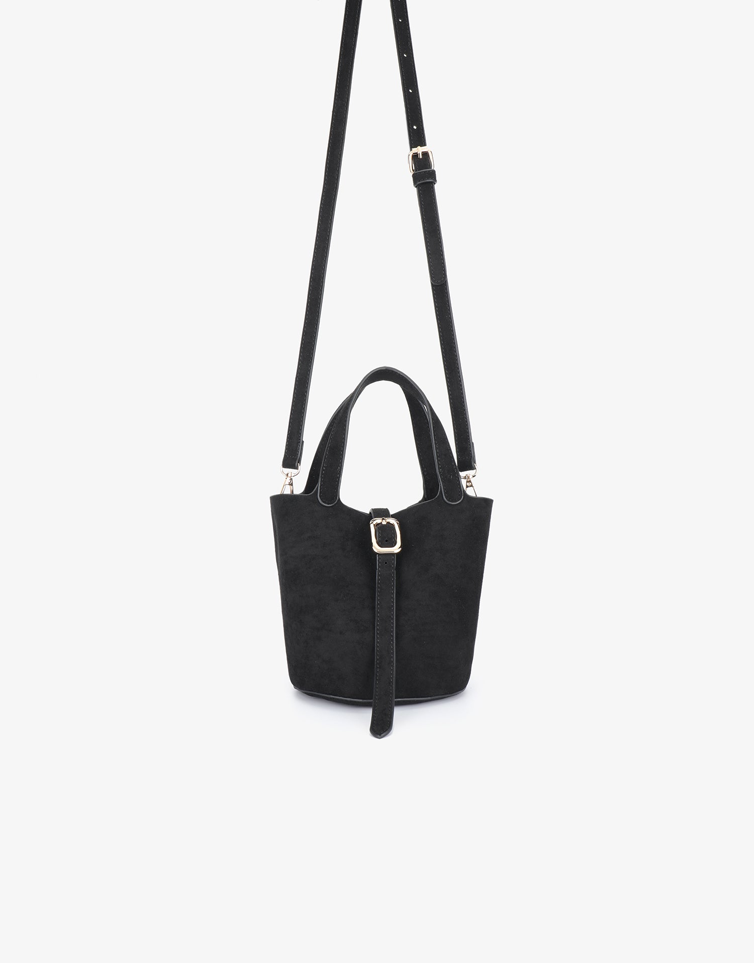 Black faux suede bucket bag with crossbody strap_Remi and Reid