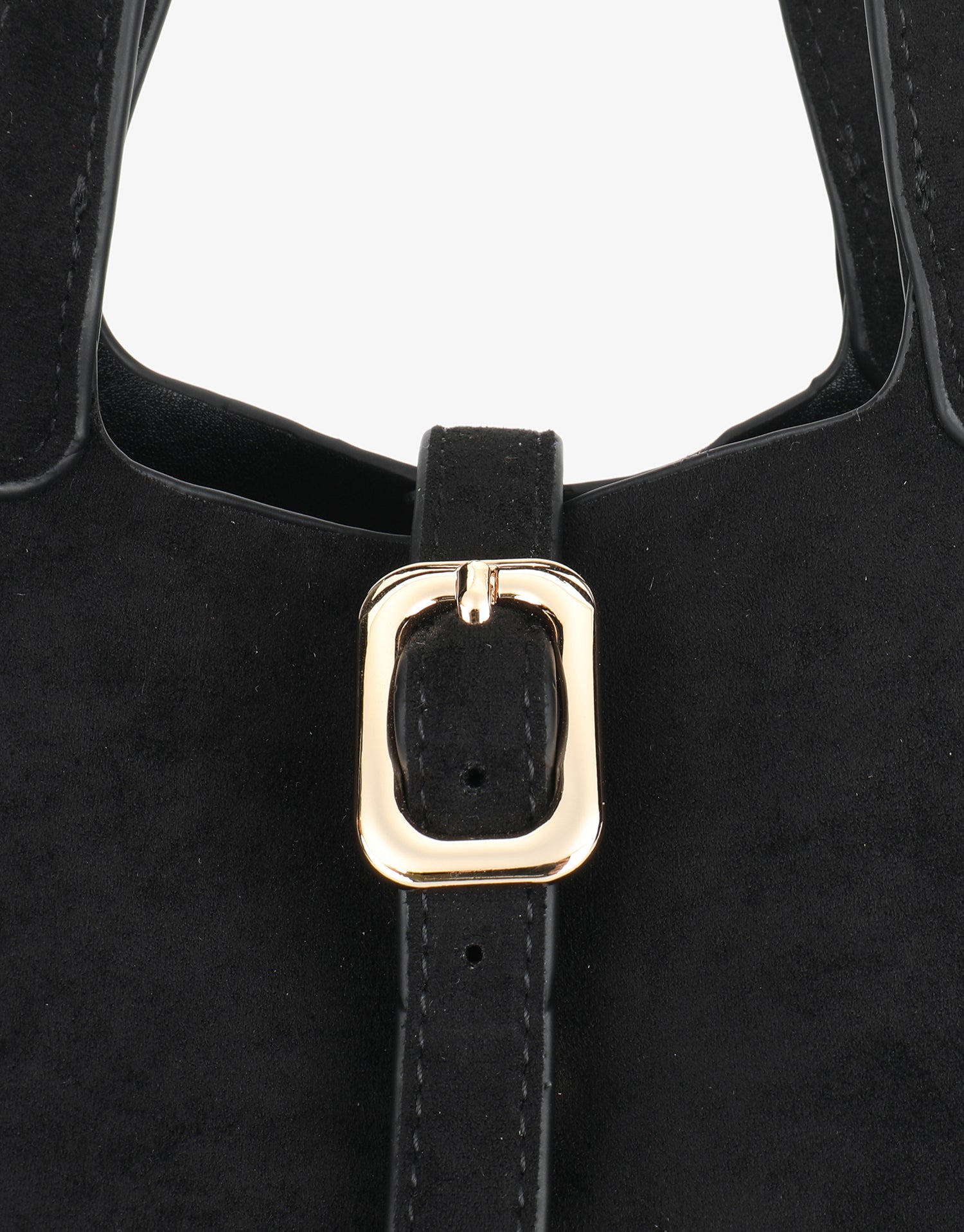 Close-up of a black bucket bag with gold buckle design_Remi and Reid