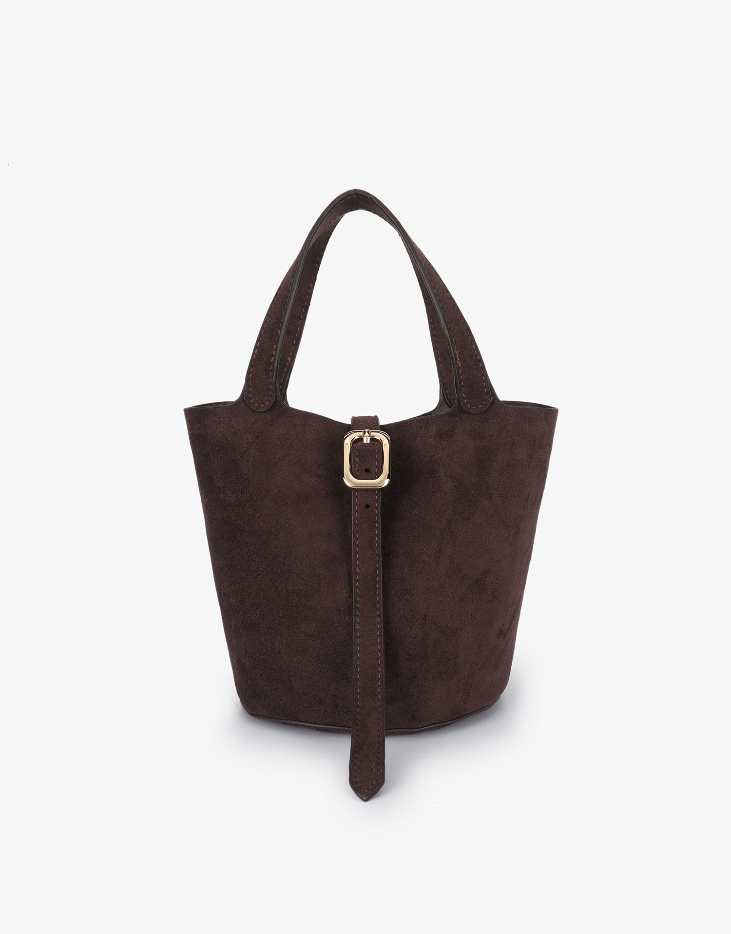 Mini brown faux suede handbag with buckle strap design_Remi and Reid