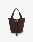 Mini brown faux suede handbag with buckle strap design_Remi and Reid