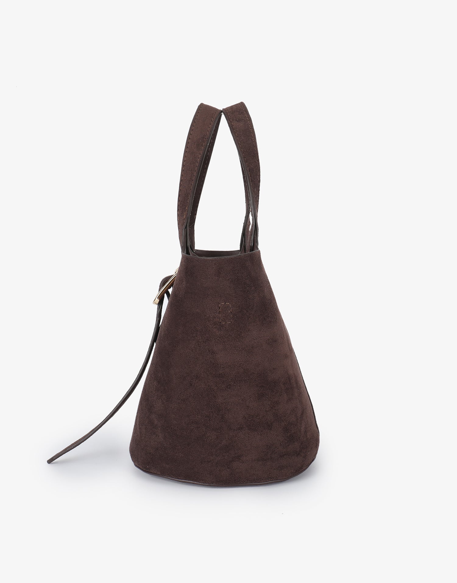 Side details of brown faux suede handbag_Remi and Reid