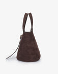 Side details of brown faux suede handbag_Remi and Reid