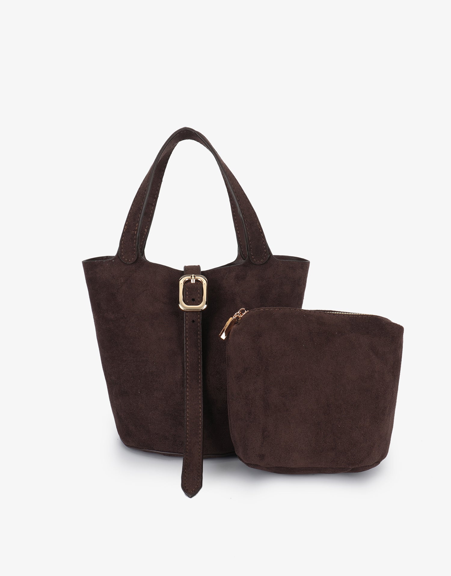 Brown faux suede handbag with matching pouch_Remi and Reid